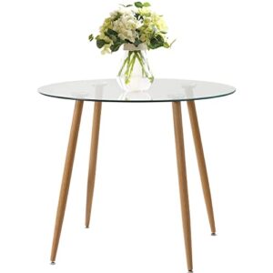 stylifing round glass dining table - tempered glass kitchen table dining room table - modern small round dining table for 4 with wood printed transfer metal leg coffee dinner table for living room