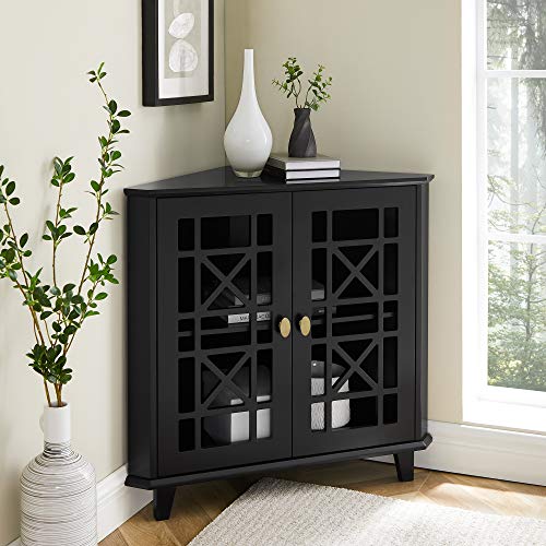 Walker Edison Ronne 2 Door Corner Accent Table with Fretwork Detail, 32 Inch, Black