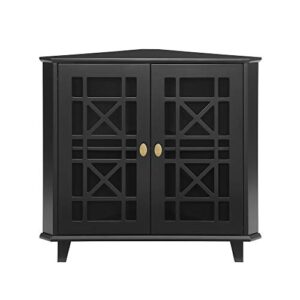 Walker Edison Ronne 2 Door Corner Accent Table with Fretwork Detail, 32 Inch, Black