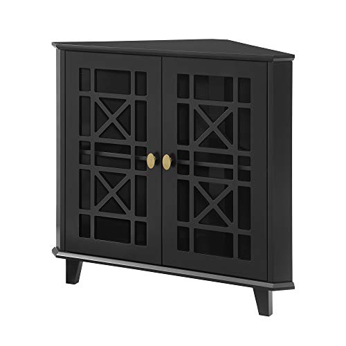 Walker Edison Ronne 2 Door Corner Accent Table with Fretwork Detail, 32 Inch, Black