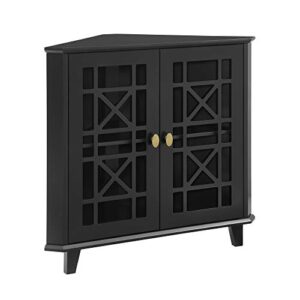 Walker Edison Ronne 2 Door Corner Accent Table with Fretwork Detail, 32 Inch, Black