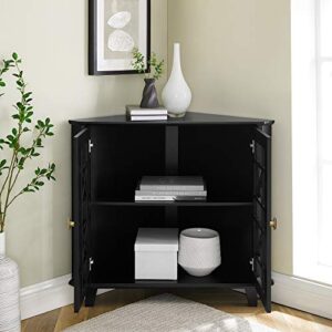 Walker Edison Ronne 2 Door Corner Accent Table with Fretwork Detail, 32 Inch, Black