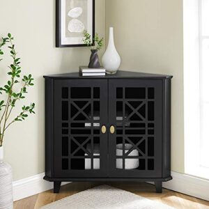 Walker Edison Ronne 2 Door Corner Accent Table with Fretwork Detail, 32 Inch, Black