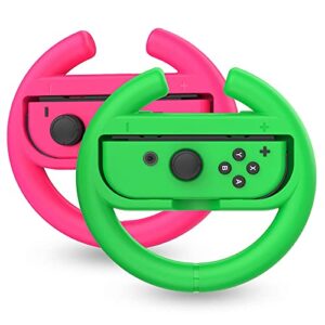 talkworks steering wheel controller for nintendo switch (2 pack) - racing games accessories joy con controller grip for mario kart, pink/neon combo - nintendo switch