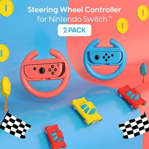TalkWorks Steering Wheel Controller for Nintendo Switch (2 Pack) - Racing Games Accessories Joy Con Controller Grip for Mario Kart, Blue/Red Combo