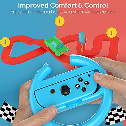 TalkWorks Steering Wheel Controller for Nintendo Switch (2 Pack) - Racing Games Accessories Joy Con Controller Grip for Mario Kart, Blue/Red Combo