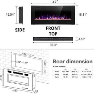 R.W.FLAME 42IN Recessed and Wall Mounted,The Thinnest Fireplace,Low Noise, Fit for 2 x 6 and 2 x 4 Stud, Remote Control with Timer,Touch Screen,Adjustable Flame Color and Speed