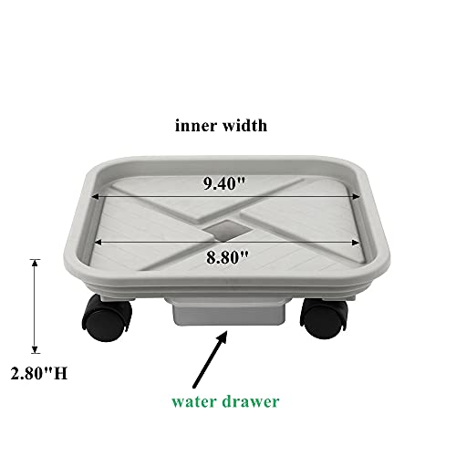 BangQiao 2 Pack 8.80 Inch Base Width Gray Plastic Square Plant Caddy with Wheels, Drainage,and Water Container, Rolling Pot Dolly Trolley Stand Holder Pallet with Caster for Indoor Outdoor Planter