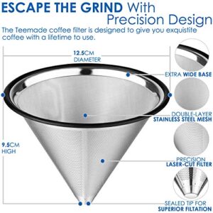 TEEMADE Pour Over Coffee Filter Metal Base Reusable Stainless Steel Coffee Dripper Perfect for Chemex Hario Bodum & Other Coffee Makers Paperless Coffee Filter for Sustainable Brewing
