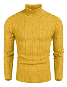 coofandy men's slim fit turtleneck sweater casual cable knit pullover sweaters yellow