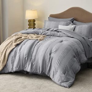 bedsure bed in a bag queen - queen comforter set 7 pieces stripes seersucker bedding set, soft lightweight down alternative comforter, queen bed set (smoky grey, queen 88 x 88 inch)