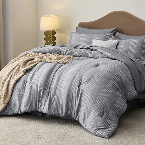 Bedsure Bed in a Bag Queen - Queen Comforter Set 7 Pieces Stripes Seersucker Bedding Set, Soft Lightweight Down Alternative Comforter, Queen Bed Set (Smoky Grey, Queen 88 x 88 Inch)