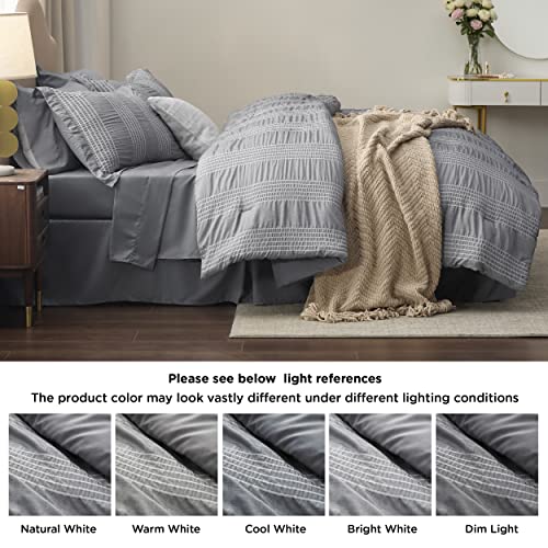 Bedsure Bed in a Bag Queen - Queen Comforter Set 7 Pieces Stripes Seersucker Bedding Set, Soft Lightweight Down Alternative Comforter, Queen Bed Set (Smoky Grey, Queen 88 x 88 Inch)