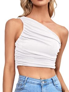 lyaner women's sexy ruched one shoulder sleeveless crop top strappy cami tank white medium