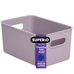 superio ribbed collection - decorative plastic open home storage bins organizer baskets, medium lilac purple (1 pack) container boxes for organizing closet shelves drawer shelf 5 liter