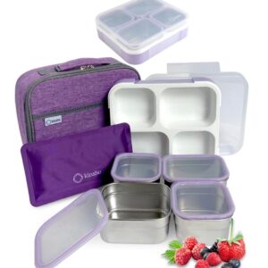 Stainless Steel Bento Lunch Box for Adults Kids with Ice Pack Insulated Lunch Bag, Leak-Proof Snack Boxes, Metal and Plastic Portion Control School Lunch Containers, 4 Compartments, 36 oz Lilac Purple