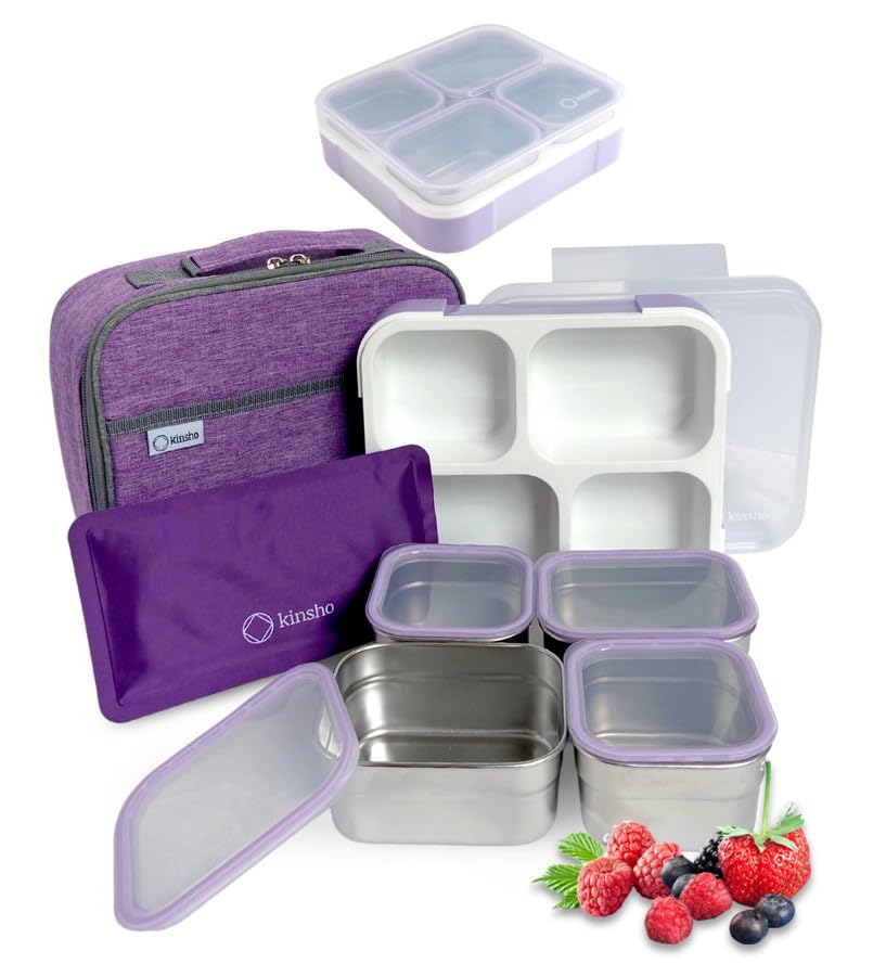 Stainless Steel Bento Lunch Box for Adults Kids with Ice Pack Insulated Lunch Bag, Leak-Proof Snack Boxes, Metal and Plastic Portion Control School Lunch Containers, 4 Compartments, 36 oz Lilac Purple