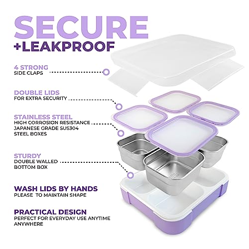 Stainless Steel Bento Lunch Box for Adults Kids with Ice Pack Insulated Lunch Bag, Leak-Proof Snack Boxes, Metal and Plastic Portion Control School Lunch Containers, 4 Compartments, 36 oz Lilac Purple