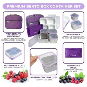 Stainless Steel Bento Lunch Box for Adults Kids with Ice Pack Insulated Lunch Bag, Leak-Proof Snack Boxes, Metal and Plastic Portion Control School Lunch Containers, 4 Compartments, 36 oz Lilac Purple