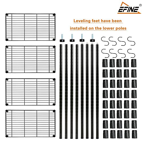 EFINE 4-Shelf Shelving Unit with 8 Hooks and 4-Shelf Liners, NSF Certified, Adjustable Metal Wire Shelves, Shelving Rack and Storage for Kitchen Laundry Bathroom Pantry Closet(23.6W x 14D x 47H) Black