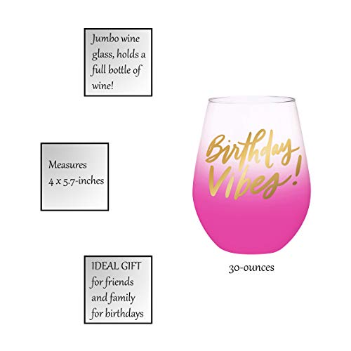 slant collections Jumbo Wine Glass Holds a Whole Bottle of Wine Extra Large Stemless Birthday Wine Glass, 30-Ounces, Birthday Vibes