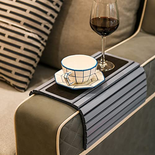 Sofa Arm Tray Table Slinky Secure/Flexible/Foldable Couch Tray Table with Non-Slip Mat for Drinks, Food, Phone or Remote. Sustainable Slinky Bamboo Design (16.5" L x 13.25" W x 0.4" H, Grey)