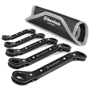 duratech 5 pc double offset box end reversible ratcheting wrench set, sae, heavy-duty, matte chrome plated, ratchet spanner crooked for narrow spaces (1/4-7/8 inch)