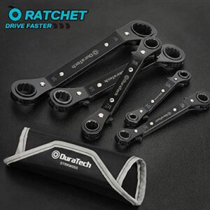 DURATECH 5 Pc Double Offset Box End Reversible Ratcheting Wrench Set, SAE, Heavy-duty, Matte Chrome Plated, Ratchet Spanner Crooked for Narrow Spaces (1/4-7/8 inch)