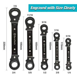 DURATECH 5 Pc Double Offset Box End Reversible Ratcheting Wrench Set, SAE, Heavy-duty, Matte Chrome Plated, Ratchet Spanner Crooked for Narrow Spaces (1/4-7/8 inch)