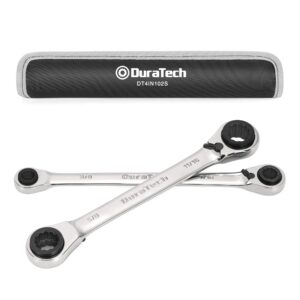 duratech reversible ratcheting wrench set, 4 in 1 double box end wrench set, sae, 2-piece, 5/16, 3/8, 7/16, 1/2 & 9/16, 5/8, 11/16, 3/4-inch, cr-v steel, mirror polished, with rolling pouch