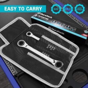 DURATECH Reversible Ratcheting Wrench Set, 4 in 1 Double Box End Wrench Set, SAE, 2-piece, 5/16, 3/8, 7/16, 1/2 & 9/16, 5/8, 11/16, 3/4-Inch, CR-V Steel, Mirror Polished, with Rolling Pouch