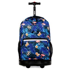 j world new york sunrise kids rolling backpack for girls boys teen. roller bookbag with wheels, new flamingo, 18"
