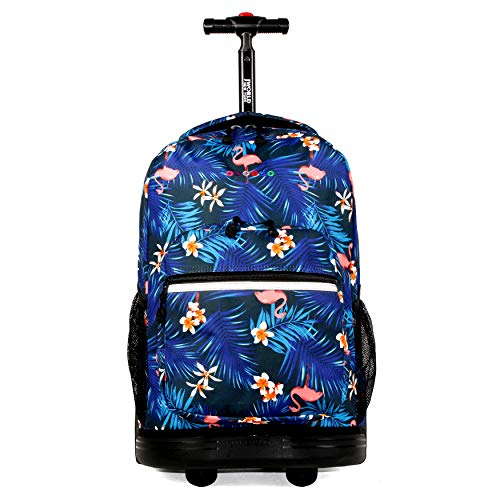 J World New York Sunrise Kids Rolling Backpack for Girls Boys Teen. Roller Bookbag with Wheels, New Flamingo, 18"
