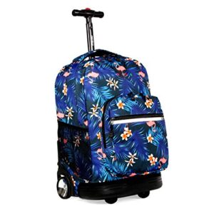 J World New York Sunrise Kids Rolling Backpack for Girls Boys Teen. Roller Bookbag with Wheels, New Flamingo, 18"