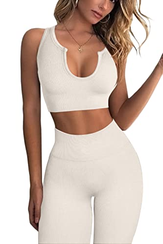 QINSEN Womens Yoga Leggings 2 Piece Outfits Running Crop Top Seamless High Waist Leggings Beige M