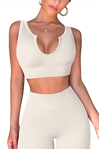 QINSEN Womens Yoga Leggings 2 Piece Outfits Running Crop Top Seamless High Waist Leggings Beige M