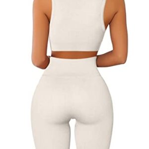 QINSEN Womens Yoga Leggings 2 Piece Outfits Running Crop Top Seamless High Waist Leggings Beige M