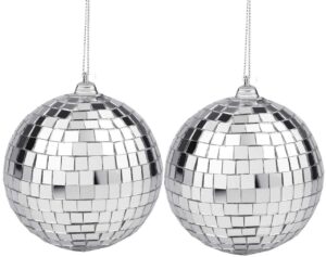 2 pieces mirror disco ball, silver hanging ball for 50s 60s 70s disco dj light effect party, hanging ball for party or dj light effect, festivals party favors and supplies (4 inch)