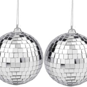 2 Pieces Mirror Disco Ball, Silver Hanging Ball for 50s 60s 70s Disco DJ Light Effect Party, Hanging Ball for Party or DJ Light Effect, Festivals Party Favors and Supplies (4 Inch)