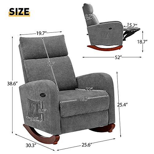AVAWING Electric Massage Rocking Chair, Rocking Accent Armchair with Heat Function USB Ports, Rocker Fabric Padded Seat Wood Base, Modern High Back Armchair with Footrest Remote Control for Home,Grey