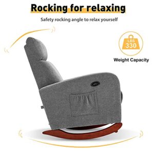 AVAWING Electric Massage Rocking Chair, Rocking Accent Armchair with Heat Function USB Ports, Rocker Fabric Padded Seat Wood Base, Modern High Back Armchair with Footrest Remote Control for Home,Grey