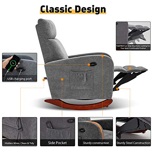 AVAWING Electric Massage Rocking Chair, Rocking Accent Armchair with Heat Function USB Ports, Rocker Fabric Padded Seat Wood Base, Modern High Back Armchair with Footrest Remote Control for Home,Grey