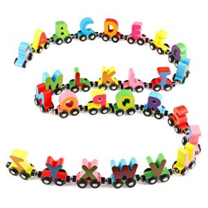 wondertoys 27 pcs wooden alphabet train toy wooden magnetic alphabet abc train set includes 1 engine letter cars for toddlers boys and girls, compatible with major brands train set tracks