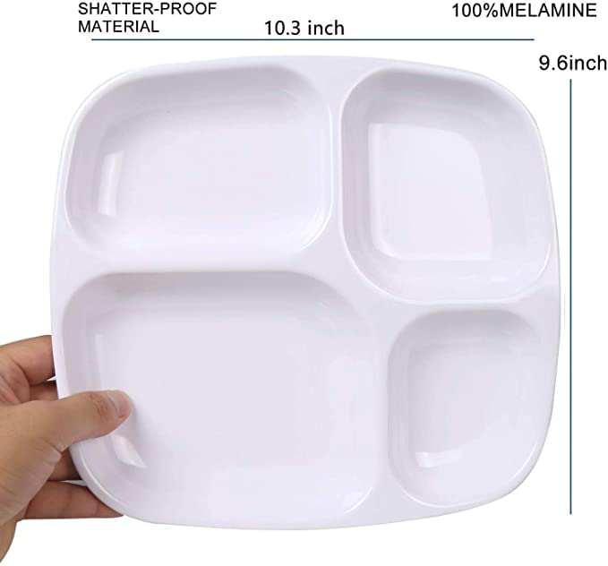 HOMEREFROM 8 Pcs -10.2”Meal Trays Melamine Compartment Dessert/Salad Plates, 4 Section Compartment Divided Plates, melamine platter,Salads, noodles, burgers,Safe for Dishwasher (White)