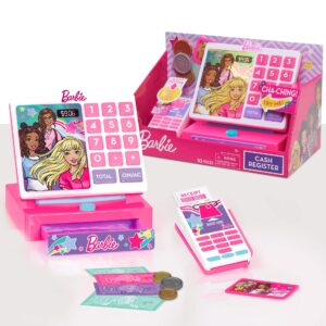 barbie trendy cash register with sounds, pretend money, and credit card reader, 9 piece playset, kids toys for ages 3 up by just play