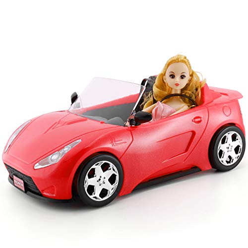 Convertible Car for Dolls, Glittering Deep Red Convertible Doll Vehicle with Working Seat Belts Ideal Gift Increase Children's Fun