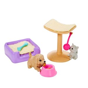 barbie doll pet theme accessory set - storytelling adventure series ~ pair with dollhouse or stand alone play ~ puppy, kitten, scratching post, dog bed, toys and more