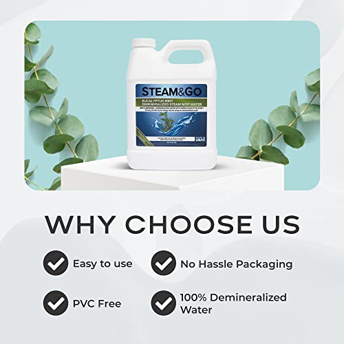 Steam & Go - Demineralized Water for Steam Cleaner, PVC-Free Floor Cleaner Liquid Compatible With Any Mop Steamer, Ready-to-Use Multisurface Cleaner, Scented Mop Solution, Eucalyptus Mint, 32 oz