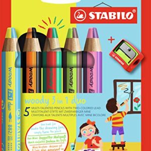 STABILO Multi-Talented Pencil Woody 3 in 1 Duo - Pack of 5 - Assorted Colours with Sharpener, Multicolor