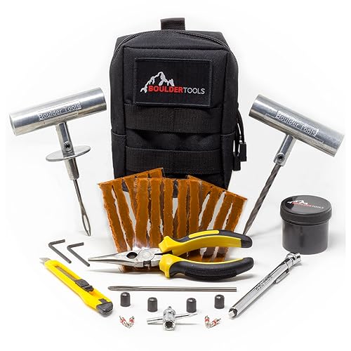 Boulder Tools Compact Tire Repair kit with Molle Storage Pouch | Heavy Duty Universal Tire Plug Kit -| Motorcycle Accessories | Easily Stores Inside Your UTV, ATV, Truck, Overlanding Gear or RV